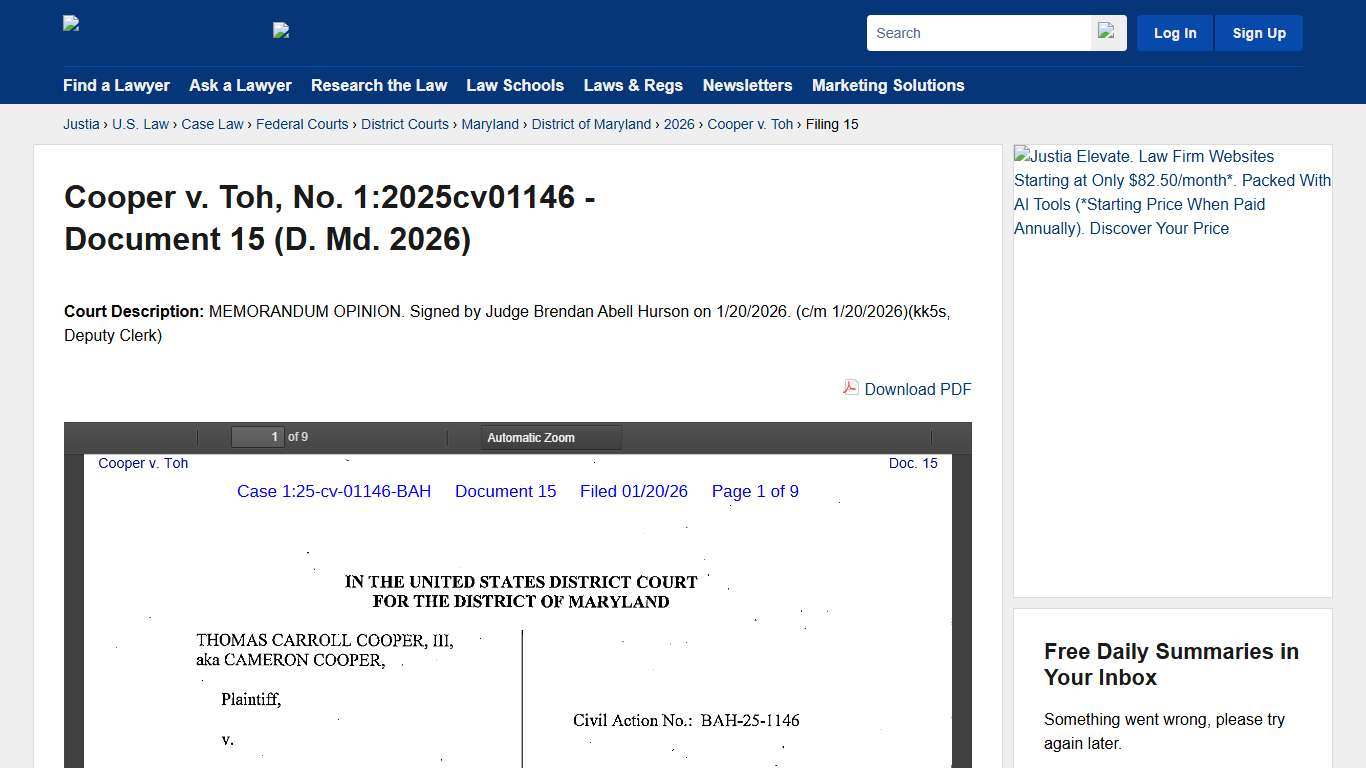 Cooper v. Toh, No. 1:2025cv01146 - Document 15 (D. Md. 2026) :: Justia
